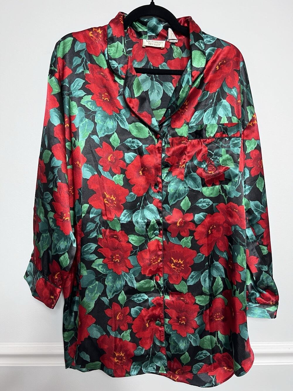 VICTORIA SECRET (M) Vintage-GOLD LABEL-Womens Sleepshirt-Floral-Satin-90's-EUC‎